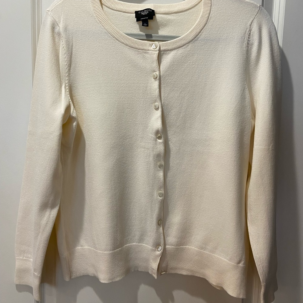 Talbots Ivory Crewneck Button-Front Cardigan